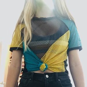 shein blue, yellow, and black mesh top